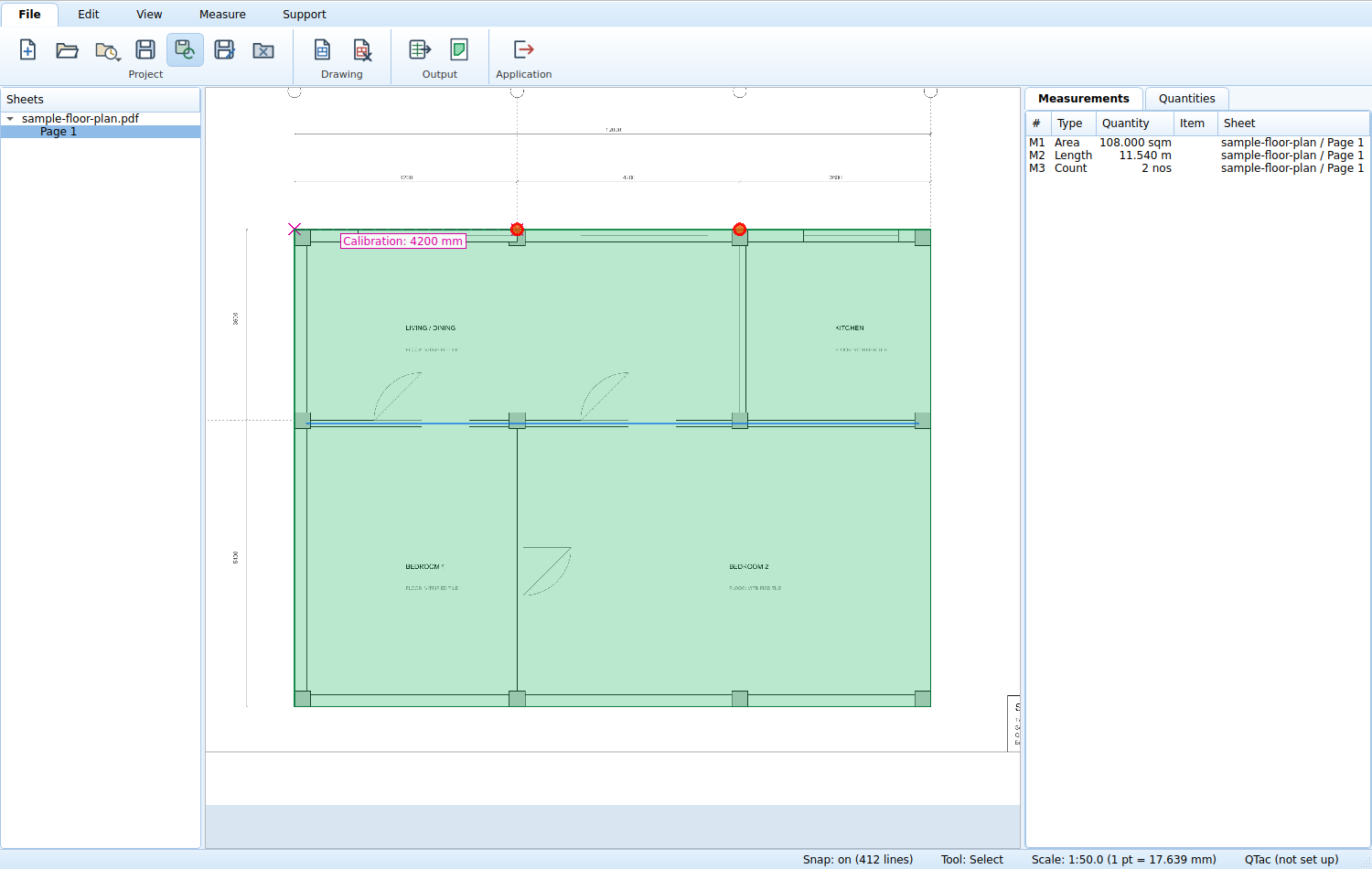 Three measurements on the plan: a slab, a wall and two columns