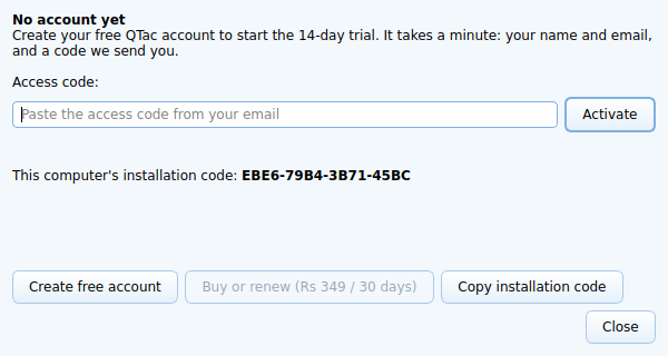 The Licence window, showing the installation code to send with your order